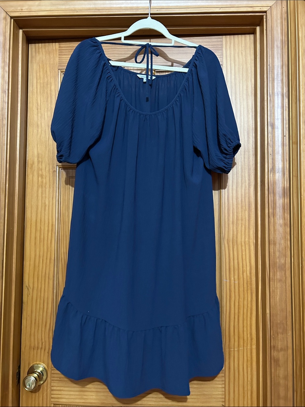 Women’s Navy Blue Midi Dress with Puff Sleeves